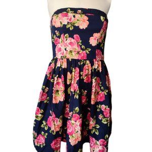 Forever 21 Size S Strapless Floral Cotton Lined Dress Smock Back Navy Cottage